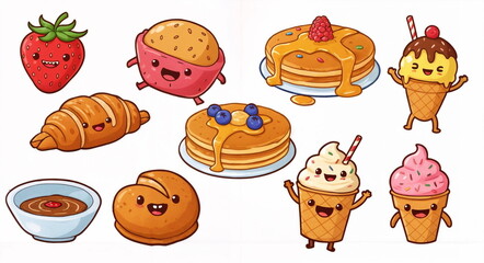 A cute cartoon of breakfast and dessert items with faces, great for children's food packaging, playful educational content, and whimsical character design.