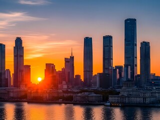 Obraz premium Modern City Skyline at Sunset with Tall Skyscrapers Reflecting on Water