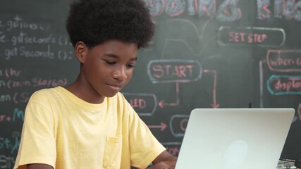 Smart african student programming and coding innovative system while caucasian girl enter in metaverse or virtual world by using VR or head set at blackboard in STEM technology classroom. Edification - Powered by Adobe