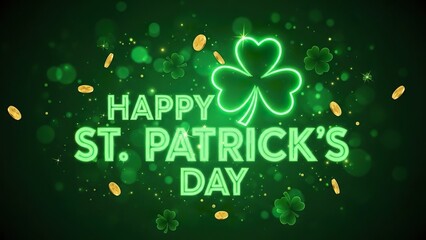 A Vibrant Neon Green "Happy St. Patrick's Day" Message with a Glowing Shamrock and Falling Gold Coins.
