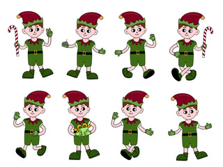 Eight cartoon elf characters in green outfits and red caps for festive designs. Perfect for christmas cards, decorations, childrens books.