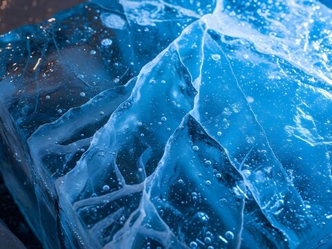 Close Up of Blue Ice Crystals with Bubbles and Cracks in Natural Lighting