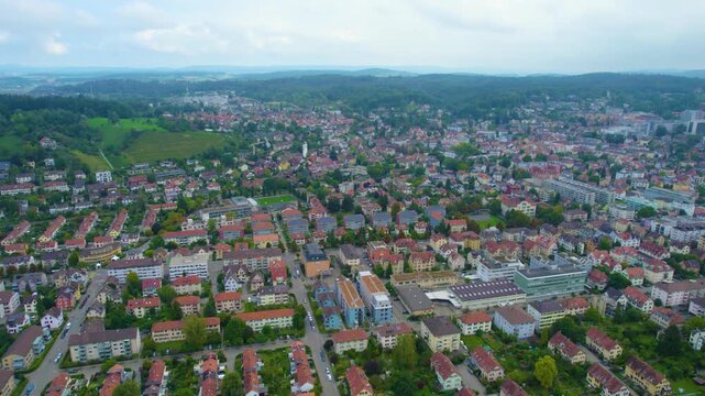 Aerial panoramic view of the old town city Winterthur in Switzerland on a cloudy morning day in summer