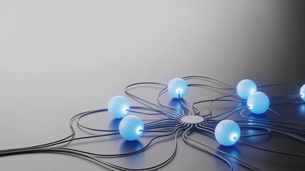 Network of glowing spheres connected by wires, representing interconnectedness, communication, and modern technology for innovative designs and creative projects