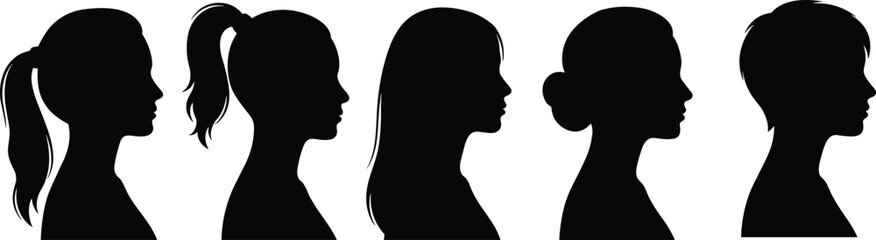 Black silhouette vector profile set showcasing five different female hairstyles, including ponytail, long straight hair, bun, and short haircut, representing beauty and diversity.