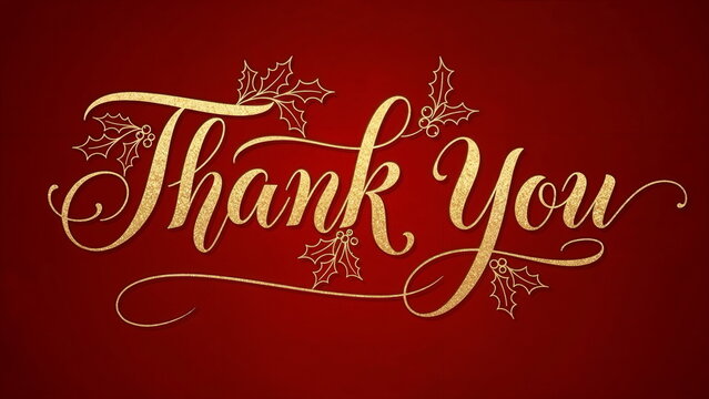Thank You card in gold script with holly on a deep red background, suitable for gratitude expressions, holiday appreciation notes, and elegant festive designs.