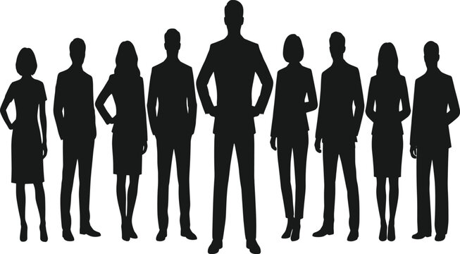 Black silhouette vector graphic of a professional business team, with a male leader standing prominently in the center, symbolizing corporate hierarchy, success, and teamwork.