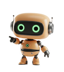 A cute robot with an orange body, glowing green eyes, and headphones, pointing a finger to the side, isolated on a transparent background.
