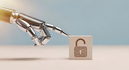 Robotic hand finger touching a wooden block with an open padlock icon symbolizing digital security and unlocking access in technology concept