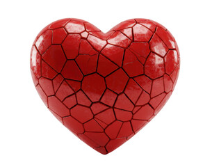 A red glossy heart shaped like it is cracked into many fragments, isolated on a transparent background