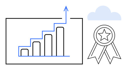 Bar graph with upward arrow, star medal signifies growth, success, milestone. Ideal for business, leadership, achievement, efficiency motivation performance development. Simple flat metaphor