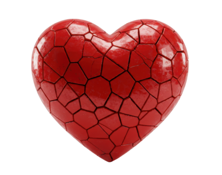 A red glossy heart shaped like it is cracked into many fragments, isolated on a transparent background