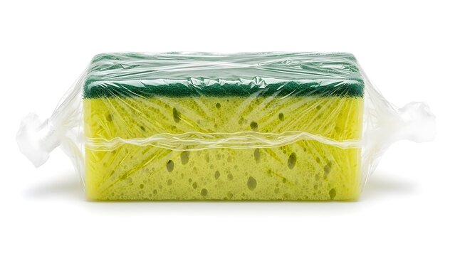 New kitchen sponge with green scrubbing pad wrapped in plastic