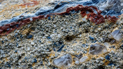 Close-up of Desert Sandstone with Multicolored Layers and Crystals