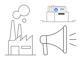 Employment concept. Employment ed with factory, CV folder, and megaphone symbols. Employment opportunities, workforce connection, and job applications. For recruitment, labor market industries work