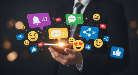 Businessman Using Smartphone with Floating Social Media Notification Icons