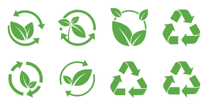 Green recycling symbols with leaves representing sustainable and ecofriendly practices