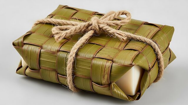Square gift wrapped in woven palm leaves tied with twine