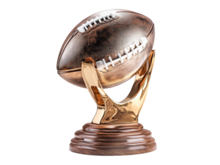 Golden american football trophy held by stylized hands on a pedestal