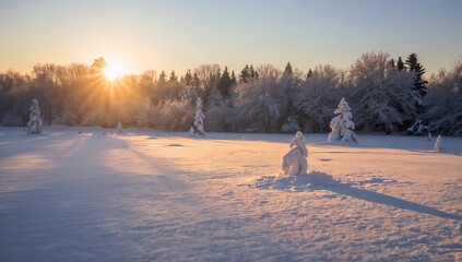 A snow-covered winter landscape bathed in the soft golden light of sunrise or sunset. The serene scene features glowing snow and long shadows across the tranquil field.