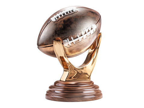 Golden american football trophy held by stylized hands on a pedestal