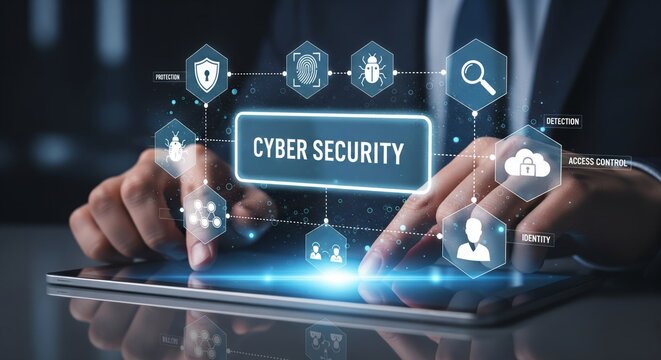 Cyber Security Holographic Interface with Padlock, Fingerprint and Detection Icons - Powered by Adobe