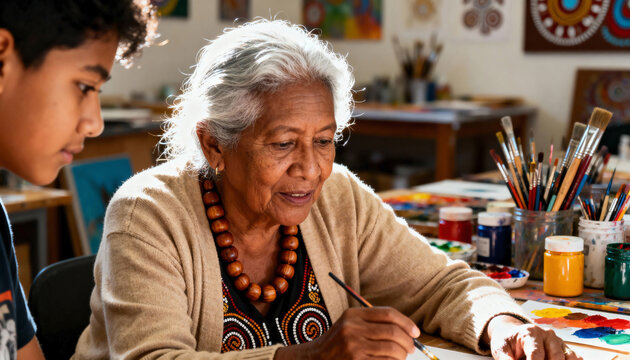 An elderly Indigenous woman teaching her grandson how to paint in an art studio. Aboriginal elder sharing traditional culture through art. Intergenerational learning and connection