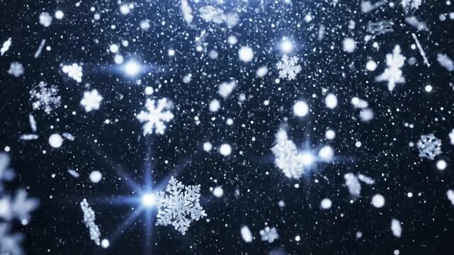 Animated Falling White Snowflakes with Blue Lens Flare Against a Dark Blue Background Winter Holiday Season Decorative Festive Background