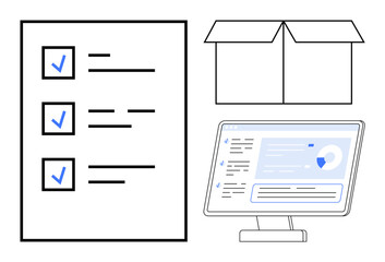 Checklist with ticked tasks, open shipping box, and desktop computer showcasing data insights and analytics. Ideal for productivity, e-commerce, shipping, organization, task tracking, digital tools