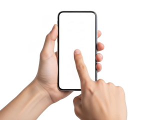 Person holding smartphone interacting with blank screen for app development and design concepts transparent background