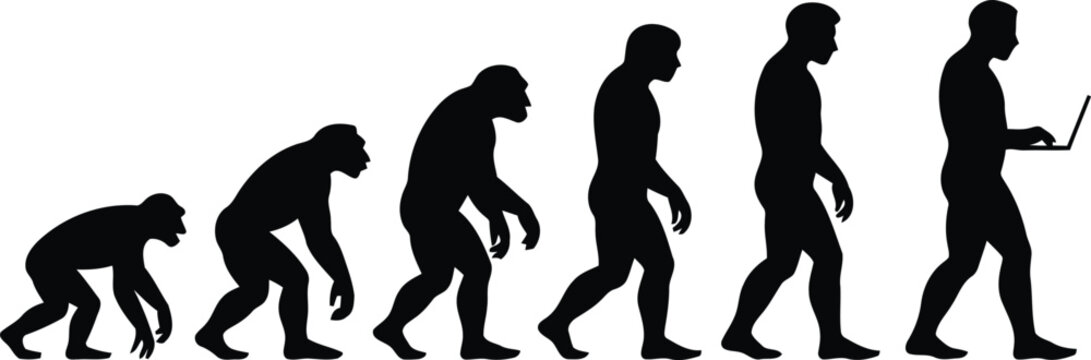 Depicting the human evolution from quadrupedal ape to a bipedal person holding a laptop