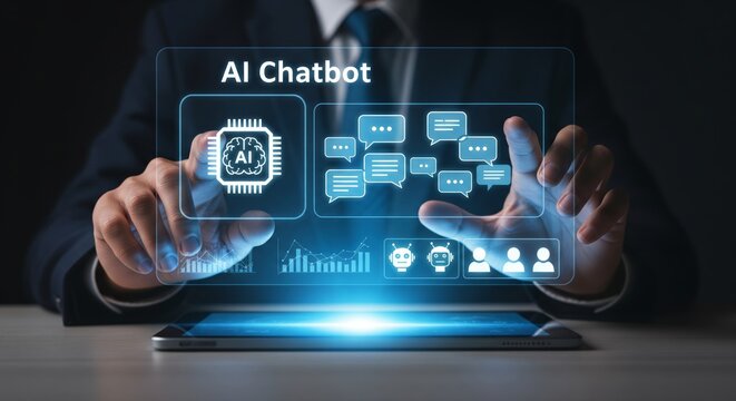Futuristic AI Chatbot Hologram Interface Above Digital Tablet - Powered by Adobe