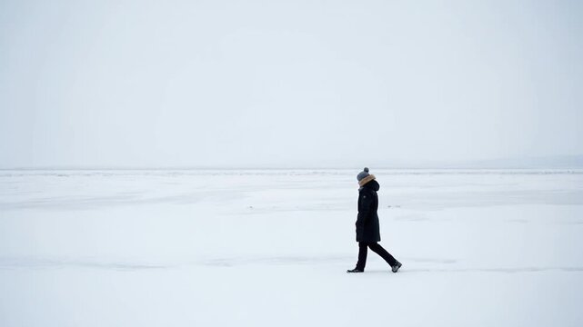 極寒の白い世界を歩む一人の人物
