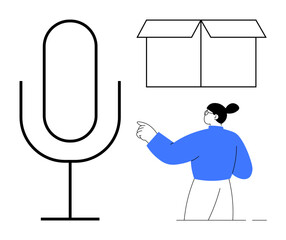 Large microphone outline, open box, and woman pointing rightward. Ideal for communication, creativity, ideas, interaction, presentation organization innovation. Minimalist style flat metaphor