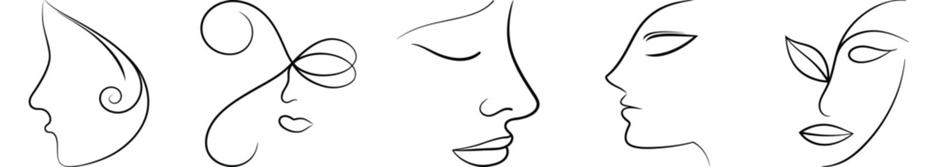 Collection of Minimalist Lineart Faces: Elegant Woman Profile Drawings for Beauty Concepts