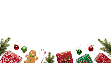 Festive christmas border with gifts ornaments and gingerbread man on black