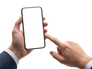 Close up of hands interacting with blank screen smartphone interface transparent background