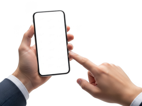 Close up of hands interacting with blank screen smartphone interface transparent background - Powered by Adobe