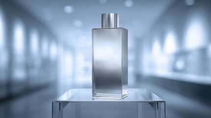 Healthcare Product Displayed on a Glass Podium in a Blurred Doctor Office Interior