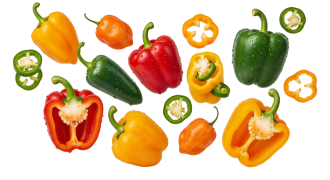 A variety of colorful bell peppers, both whole and sliced, isolated on a transparent background, perfect for fresh produce branding, cooking blog visuals, and vibrant ingredient photography.