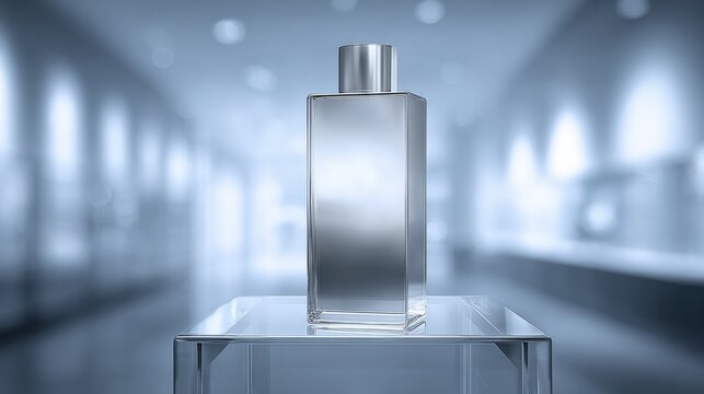 Healthcare Product Displayed on a Glass Podium in a Blurred Doctor Office Interior