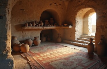 Ancient room with clay pots and jars on shelves and floor. A rug covers the ground in this old stone dwelling. Stairs lead up to a bright exit.