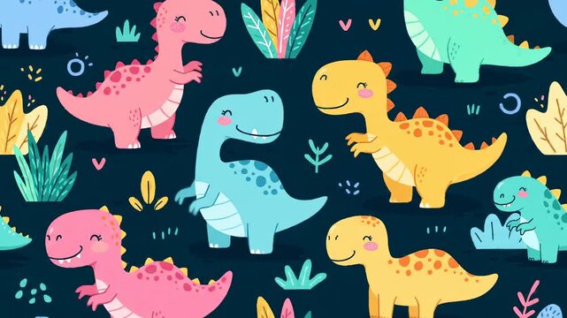 A colorful pattern featuring cute cartoon dinosaurs and simple foliage on a dark background