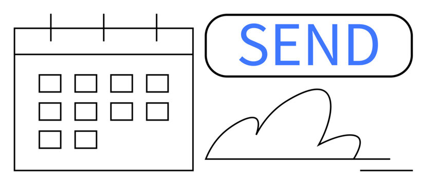 Minimalist design featuring a calendar grid, a cloud, and a large Send button. Ideal for schedule planning, reminders, communication, productivity, task tracking workflow and deadlines. Clean