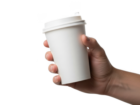 Hand holding white disposable coffee cup with lid offering beverage on the go transparent background