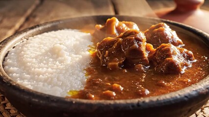 Traditional Ghanaian Fufu and Light Soup A Hearty West African Meal with Cassava Plantain and Savory Meat Stew Served in a Rustic Bowl.