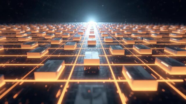 Abstract digital landscape with glowing orange grid and illuminated rectangular components in perspective