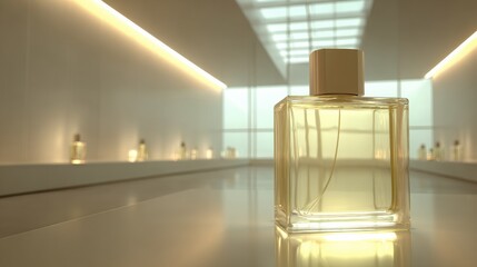 Elegant Perfume Bottle Displayed on a Reflective Podium in a Softly Lit Blurred Room Showcasing Luxury and Style