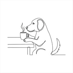 Whimsical line drawing of a dog enjoying a cup of coffee at a table