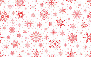 Winter seamless pattern. Festive background with white snowflakes and stars on red. For Christmas and New Year decorations, wallpaper, wrapping paper, fabric, or digital backgrounds.